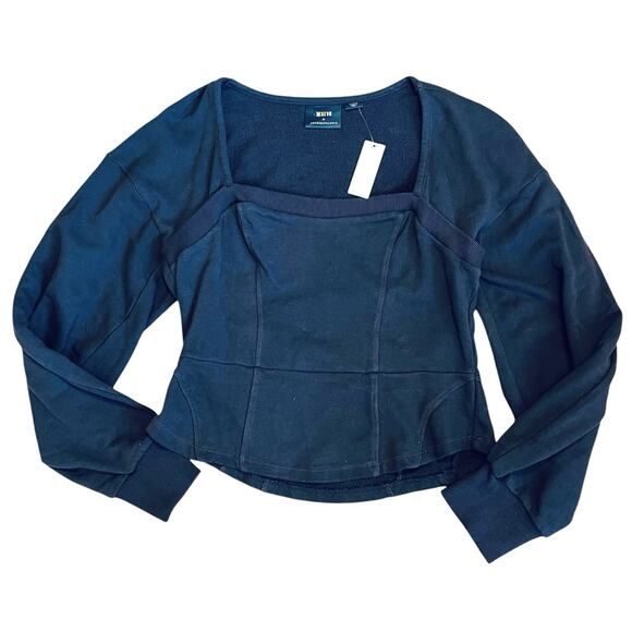 Anthropologie Maeve NWT Sz L Gray Puff Sleeve Sweatshirt Top Seamed Corset - Picture 2 of 11